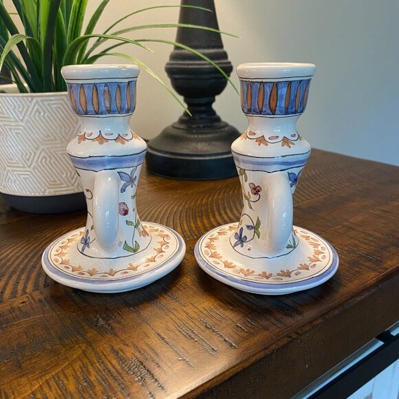 Lis Ceramica set of 2 hand painted floral ceramic candlestick holders Brazil - Picture 2 of 9